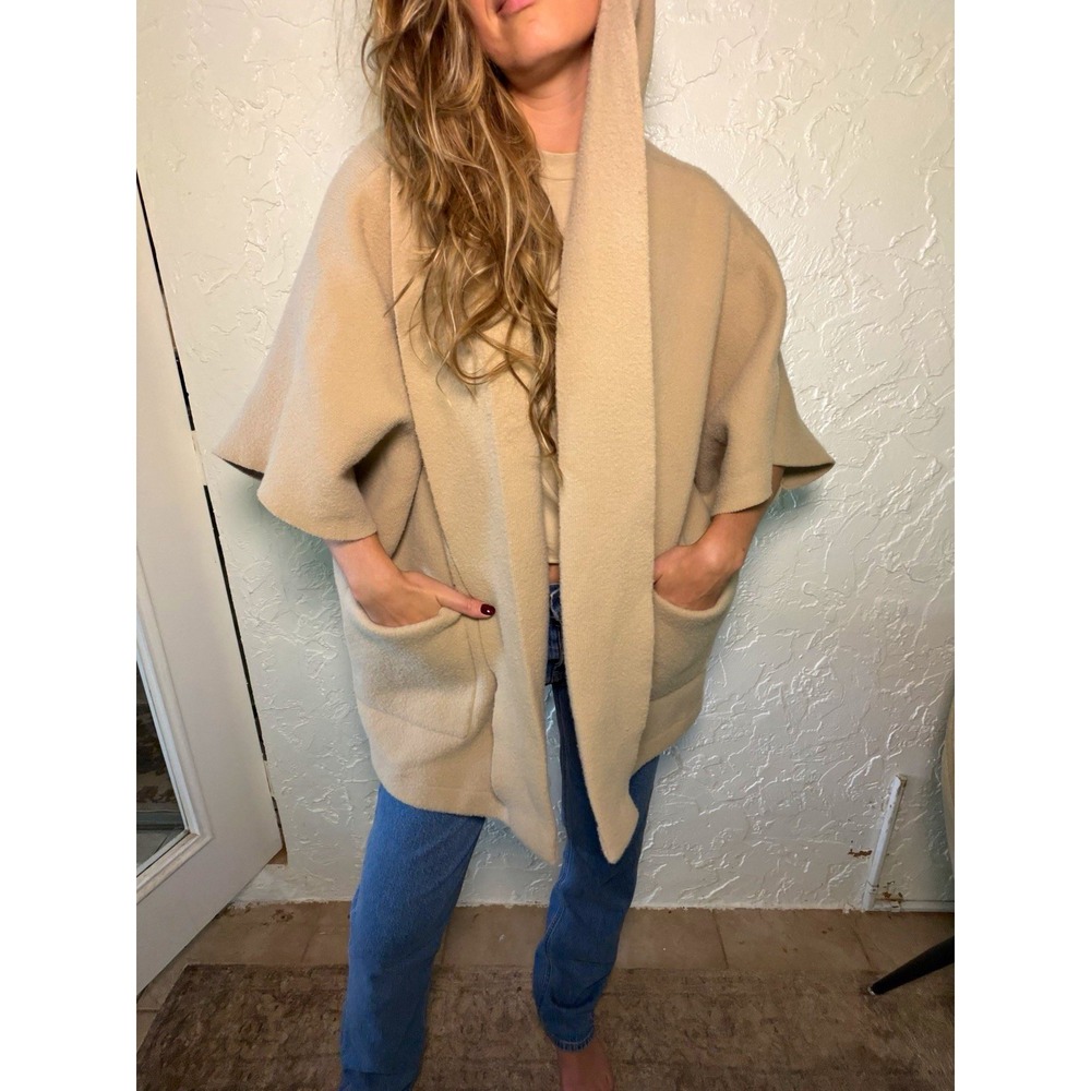Free People Women's One Size Beige Knit Hooded Poncho Cardigan Relaxed Fit